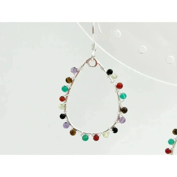 Sterling Silver Rainbow Quartz Gemstone Lined Teardrop Vintage Hoop Earrings - Picture 9 of 9